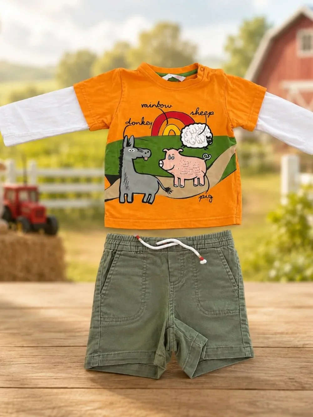 H&M Farm Animal Shirt + Cat & Jack Green Shorts Toddler 18-24M Outfit Set